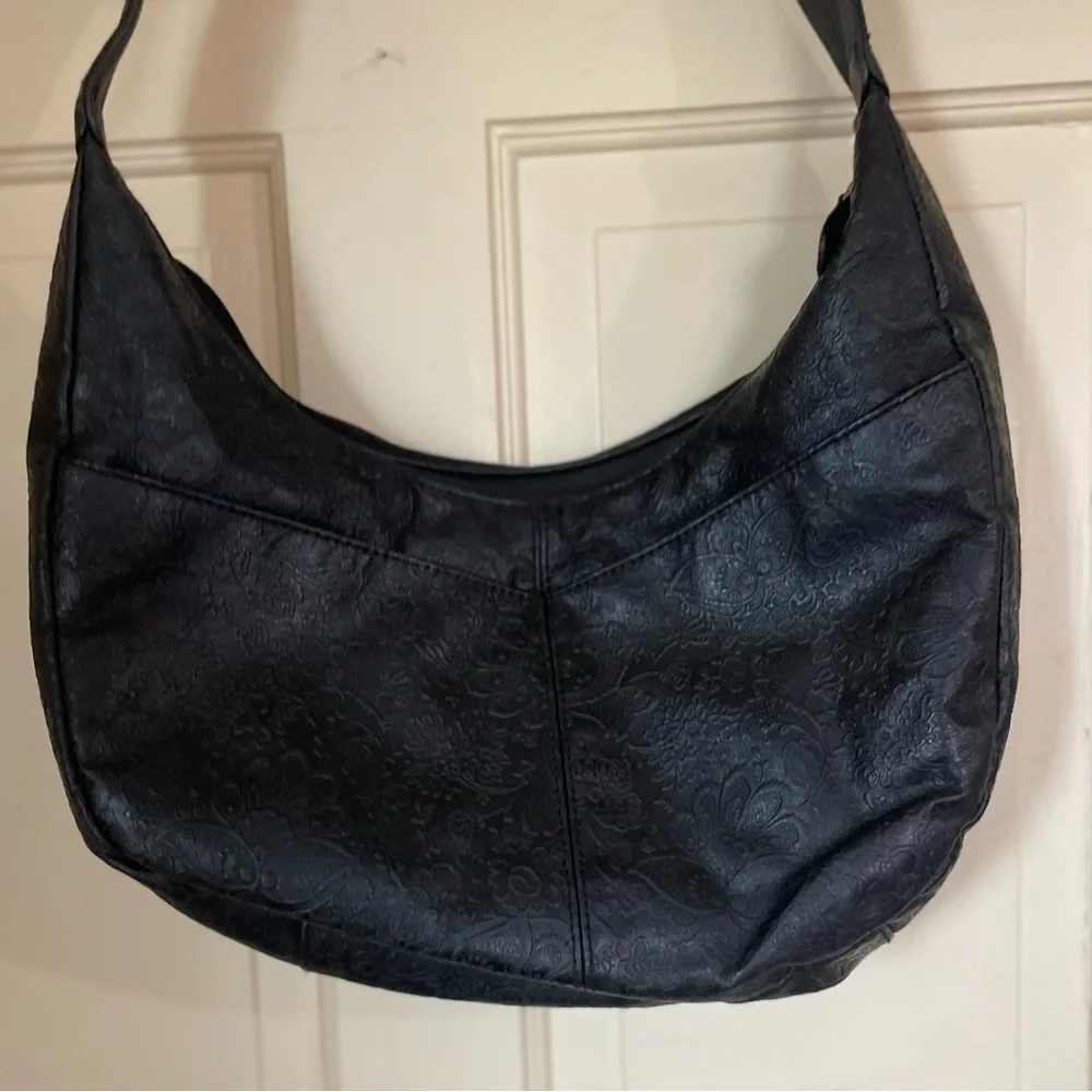 Great American Leather Works Black Purse/Hobo/Bag Imprinted Floral Pattern - Picture 9 of 10